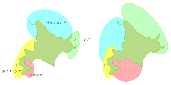 図4　北海道（北方領土を除く）におけるマコンブ系コンブの分布域. 各々は図中の色分けされた海域の沿岸部に生育する.
